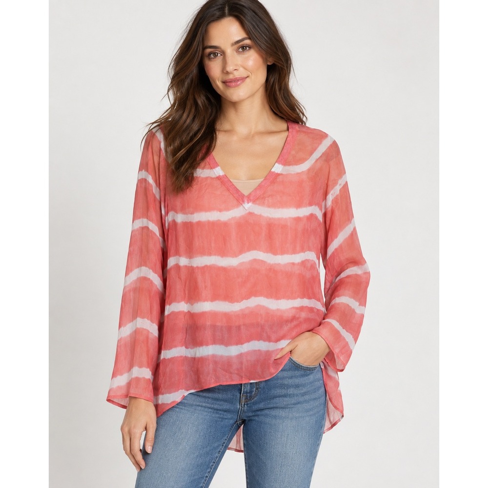 Language Silk Sheer V-Neck Long Sleeve Blouse Coral Stripe Size M